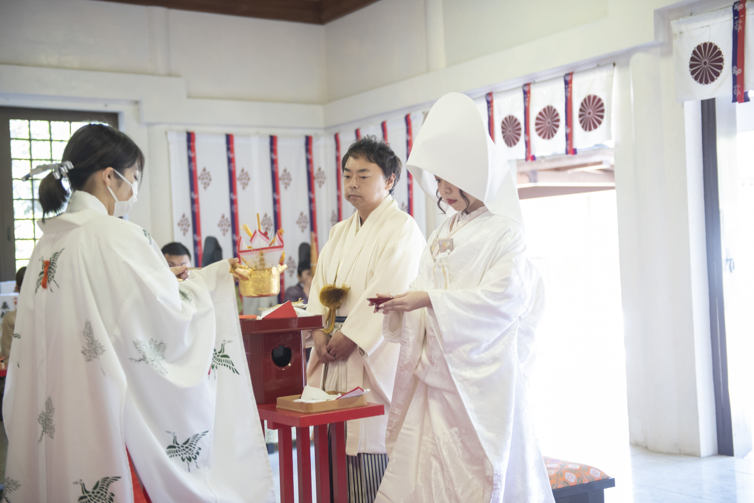 徳島市の結婚式場ブランアンジュで披露宴を行う前に挙式をした忌部神社で三々九度の盃を交わす